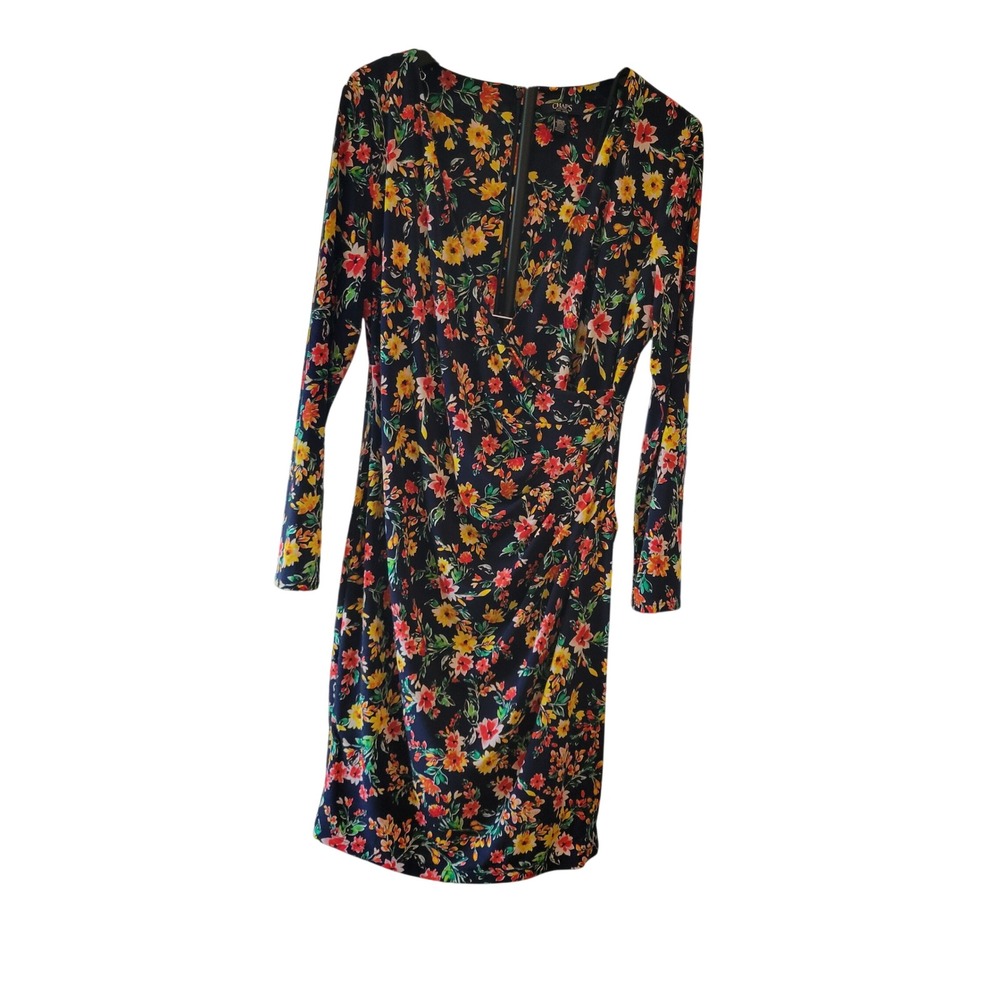 Chaps Floral Faux-Wrap Sheath Dress Navy Blue Multicolor Long Sleeve Size 14